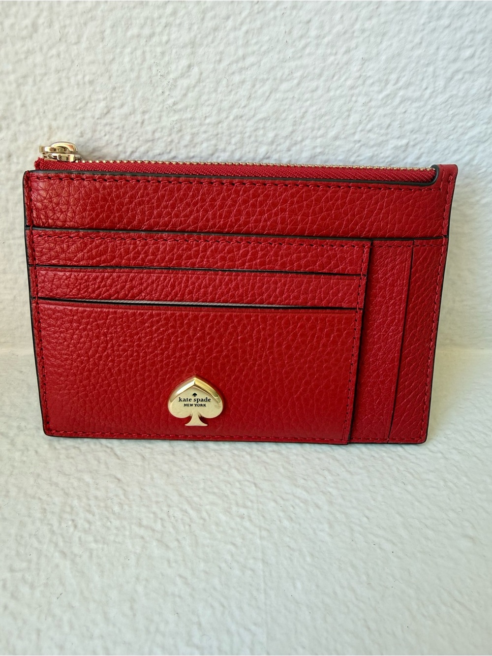 kate spade Gold Hardware Card Holder Wallet Red Pebbled Leather